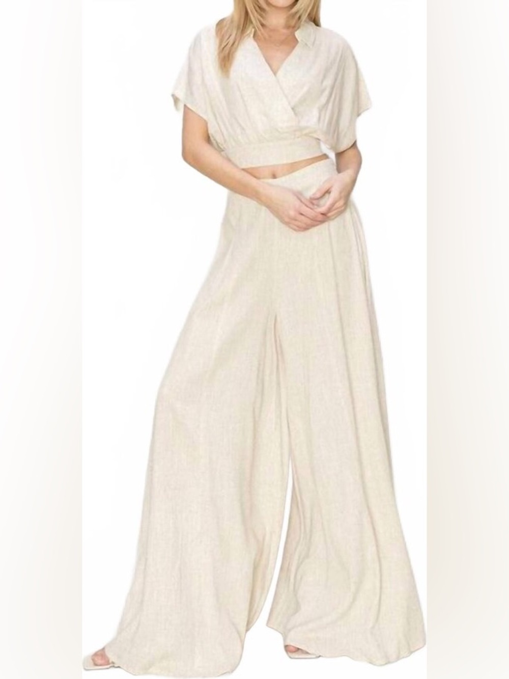 Anthropology HYFVE Set Oatmeal Crop Blouse and Wide-Leg Pants 100% COTTON